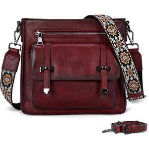 Women Wine Genuine leather Imported Zipper Purse Adjustable Strap Crossbody Bag